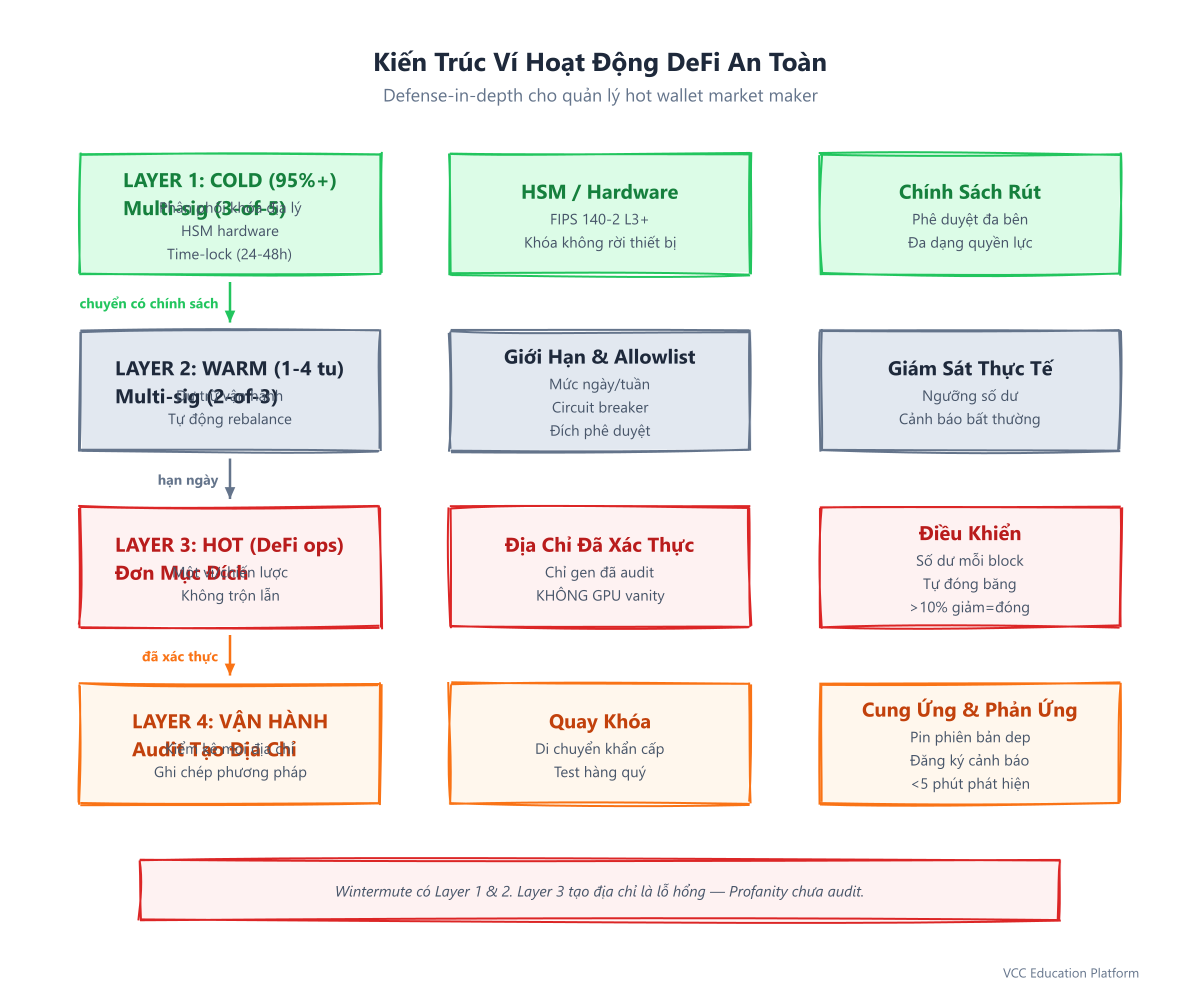 Kiến trúc ví hot DeFi an toàn với các lớp defense-in-depth