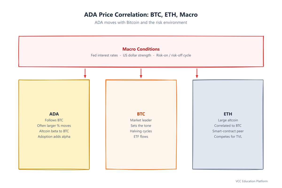Comparison - ADA vs BTC vs ETH price correlation with macro conditions