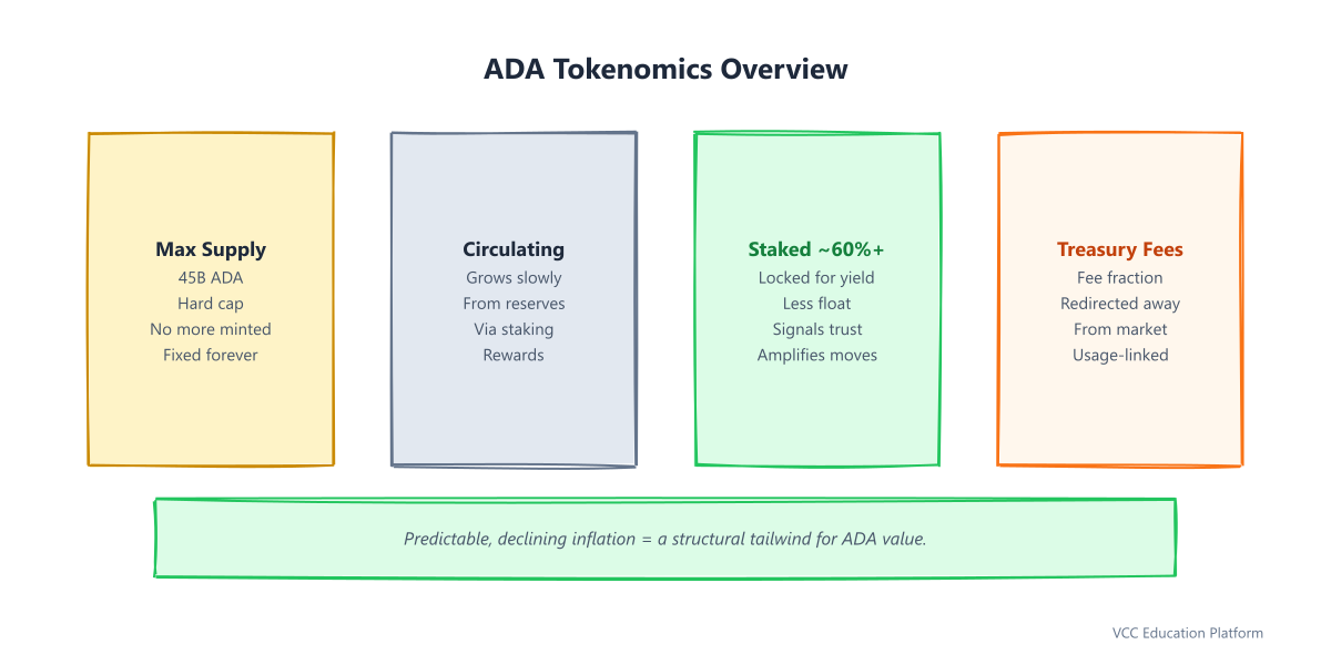 Overview - ADA tokenomics: max supply 45B, circulating, staked, treasury fees