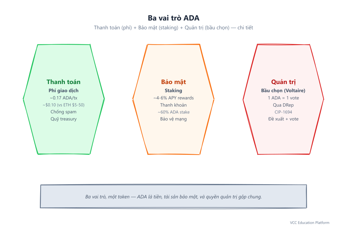 Ba vai trò ADA: Thanh toán (~0.17 ADA/tx), Bảo mật (~4-6% APY), Quản trị (1 ADA = 1 vote)