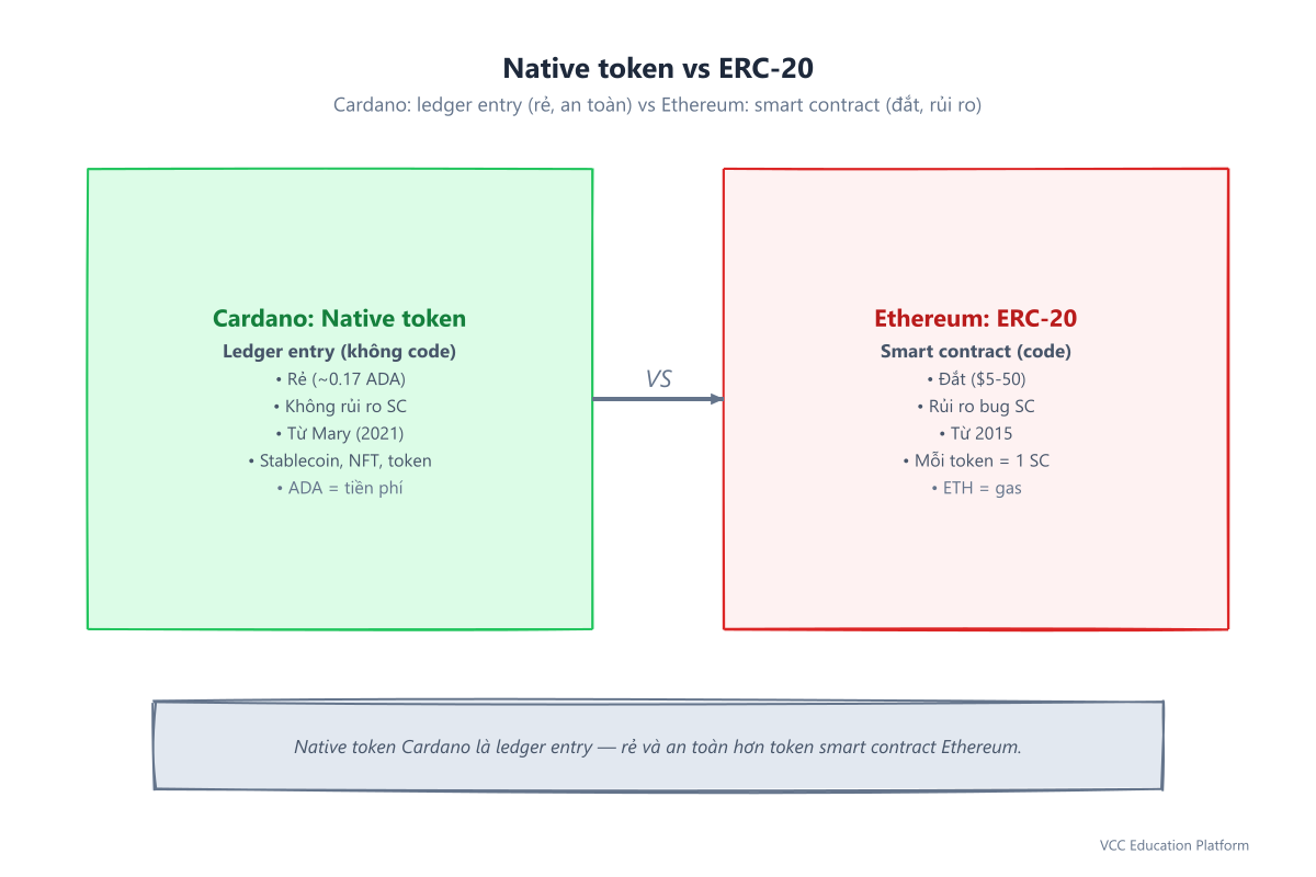 Native token (Cardano, ledger entry, rẻ) vs ERC-20 (Ethereum, smart contract, đắt)