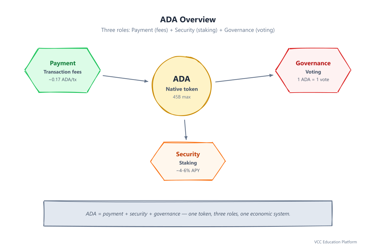 ADA overview: central token with three roles — Payment, Security, Governance