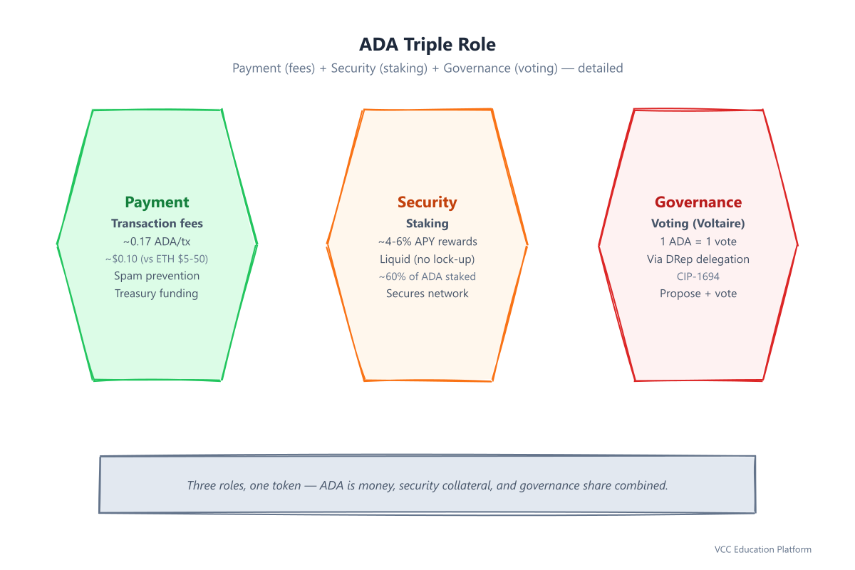 ADA triple role: Payment (~0.17 ADA/tx), Security (~4-6% APY), Governance (1 ADA = 1 vote)