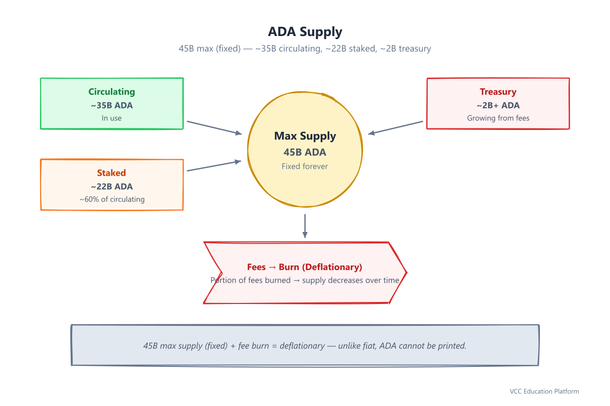 ADA supply: 45B max (fixed), ~35B circulating, ~22B staked, ~2B treasury, fee burn deflationary