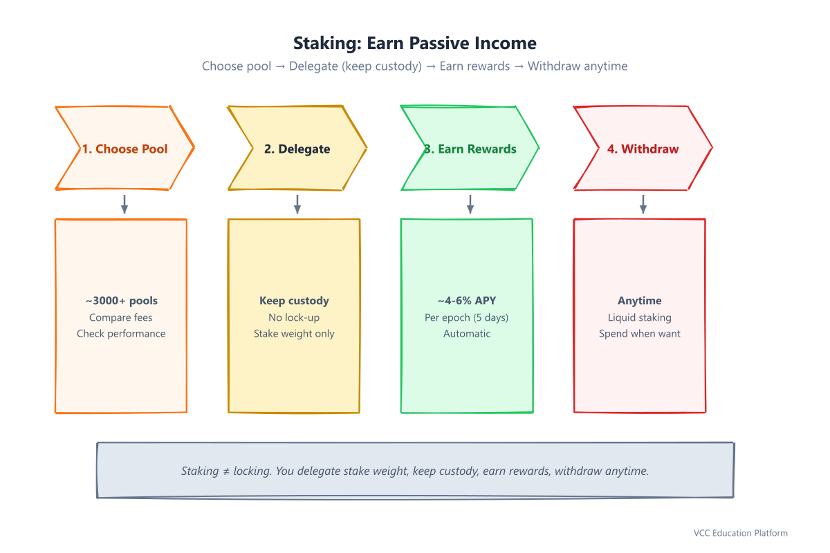 Staking process: choose pool, delegate (keep custody), earn rewards, withdraw anytime — liquid staking