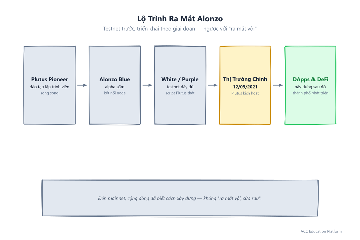 Lộ trình ra mắt Alonzo: chương trình Plutus Pioneer, mạng thử nghiệm Alonzo Blue, các mạng thử nghiệm Alonzo White và Purple, hard fork mainnet vào ngày 12 tháng 9 năm 2021, sau đó các DApp và DeFi được xây dựng