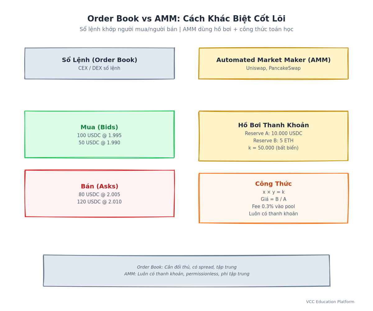 Chart - Traditional Order Book vs AMM: order book matches buyers/sellers; AMM uses pool with formula