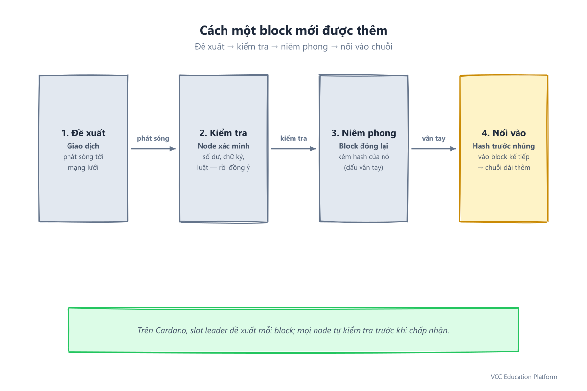 Quy trình thêm block mới: đề xuất giao dịch → node kiểm tra → block niêm phong → nối vào chuỗi bằng hash trước