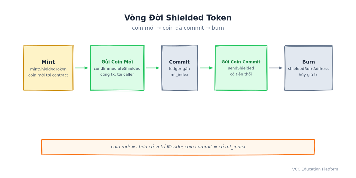 Vòng đời token shielded: mintShieldedToken tạo đồng xu mới thuộc hợp đồng, sendImmediateShielded chi tiêu đồng xu mới trong cùng một giao dịch cho người gọi, ledger gán vị trí Merkle để cam kết đồng xu, sendShielded chi tiêu đồng xu đã cam kết và trả tiền thừa, và gửi đến shieldedBurnAddress hủy giá trị; đồng xu mới không có vị trí Merkle còn đồng xu đã cam kết được định vị bằng mt_index
