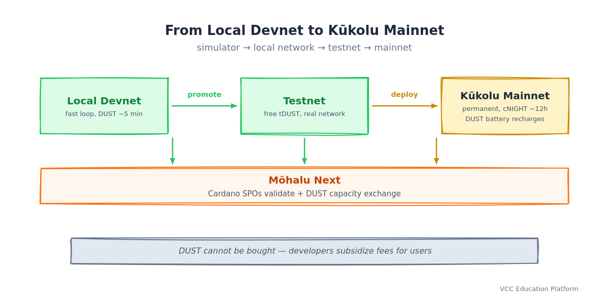 Deployment pipeline from local devnet to testnet to Kūkolu mainnet: the local devnet gives a fast loop with DUST in about five minutes, the testnet offers free tDUST on a real network, and Kūkolu mainnet is permanent with cNIGHT registration around twelve hours and a DUST battery that recharges; the Mōhalu phase brings Cardano SPO validation and the DUST capacity exchange, and DUST cannot be bought because developers subsidize fees for users