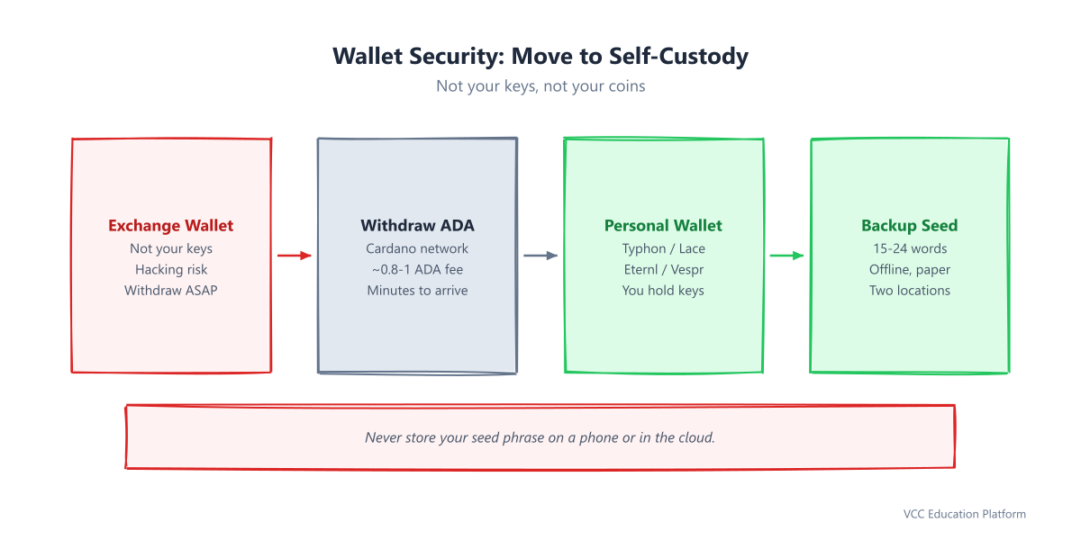 Wallet security flow: exchange to personal wallet to seed phrase backup