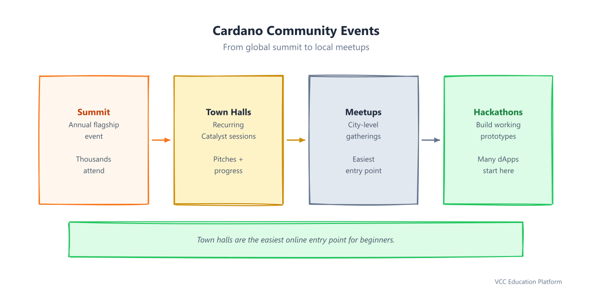Timeline - Community events: Cardano Summit, Catalyst Town Halls, Meetups, Hackathons