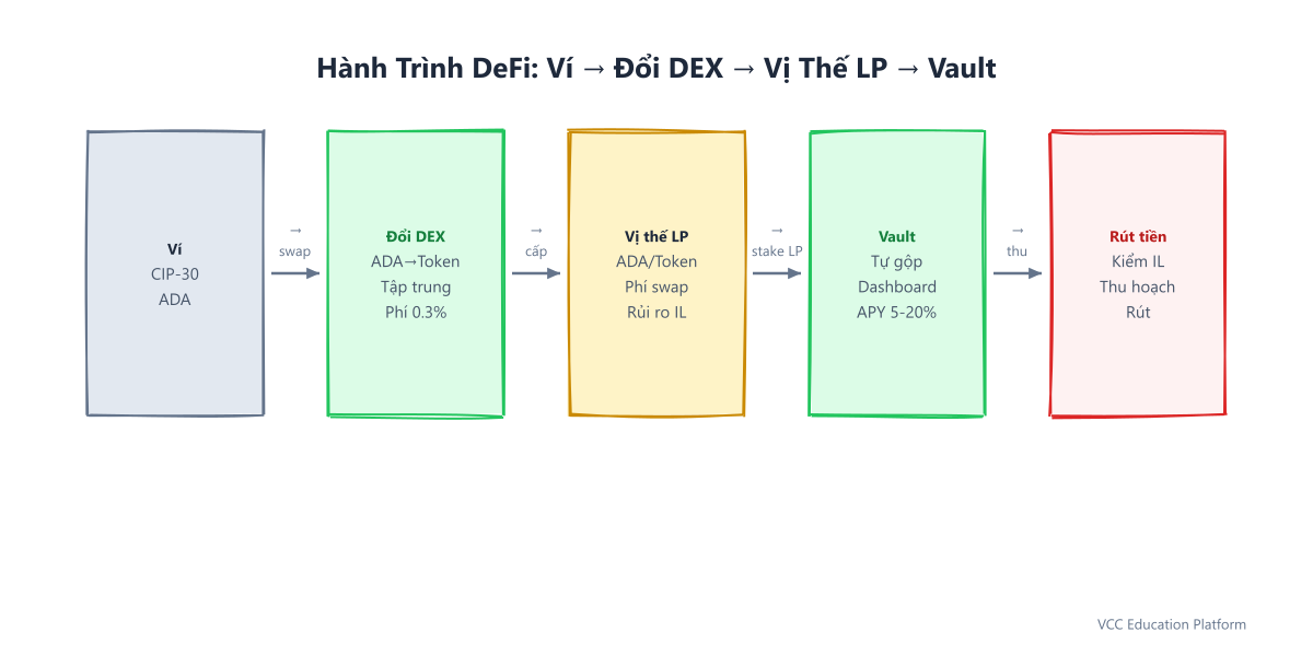 Hành trình người dùng DeFi: Ví → DEX Swap → Vị thế LP → Vault Yield