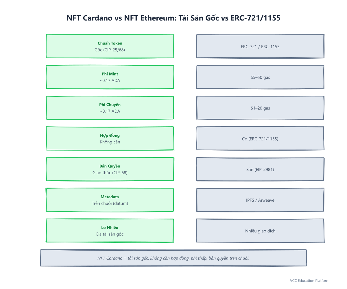 So sánh NFT Cardano vs Ethereum: Native vs ERC-721/1155