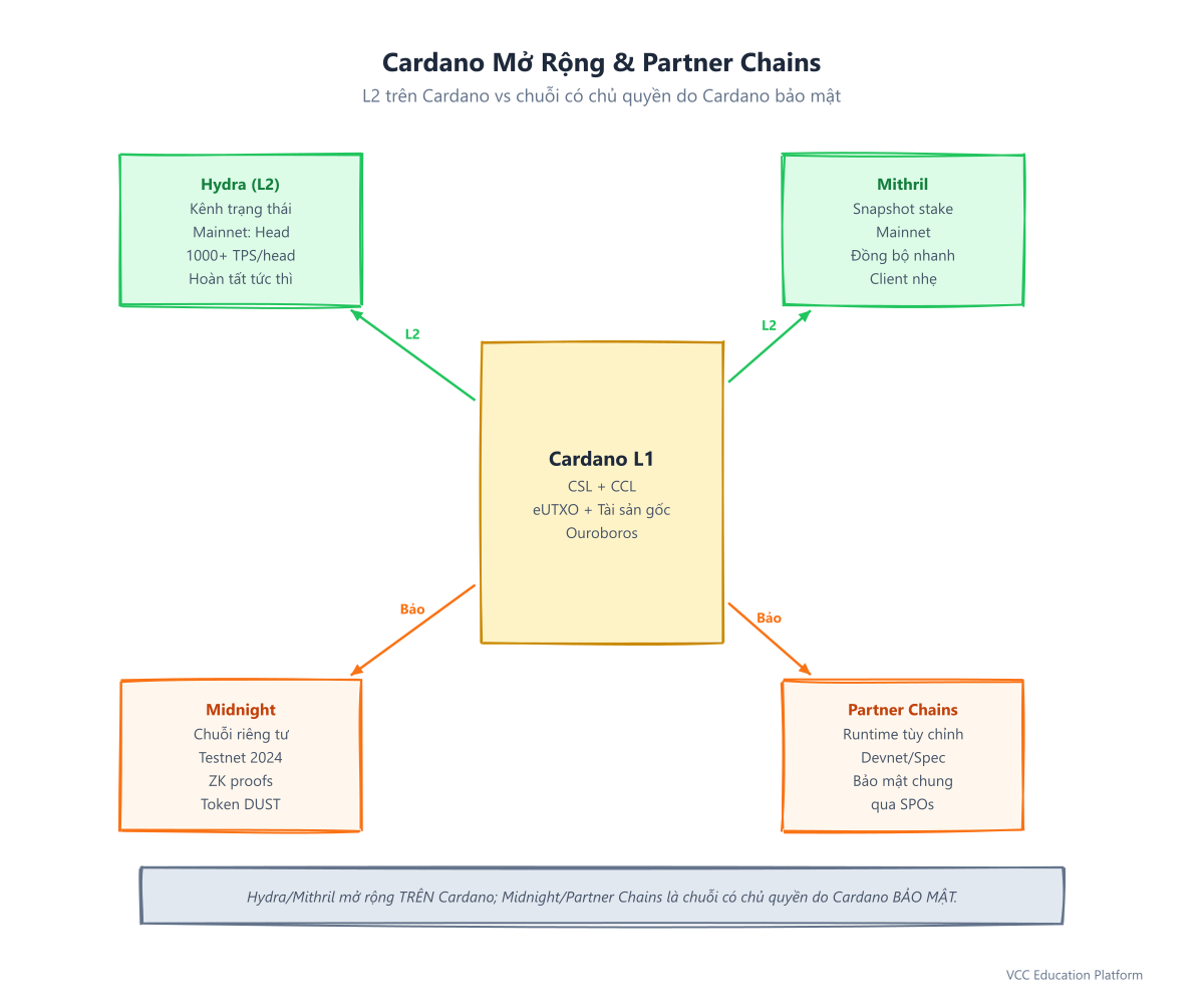 Lớp mở rộng và scaling: Hydra, Midnight, Partner Chains, Mithril, Leios