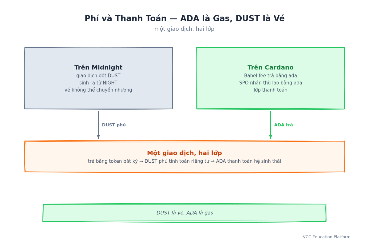 Phí và thanh toán: trên Midnight giao dịch đốt DUST sinh ra từ NIGHT như một chiếc vé không thể chuyển nhượng, còn trên Cardano Babel fees thanh toán bằng ada và SPO được trả công bằng ada như lớp thanh toán — một giao dịch, hai lớp