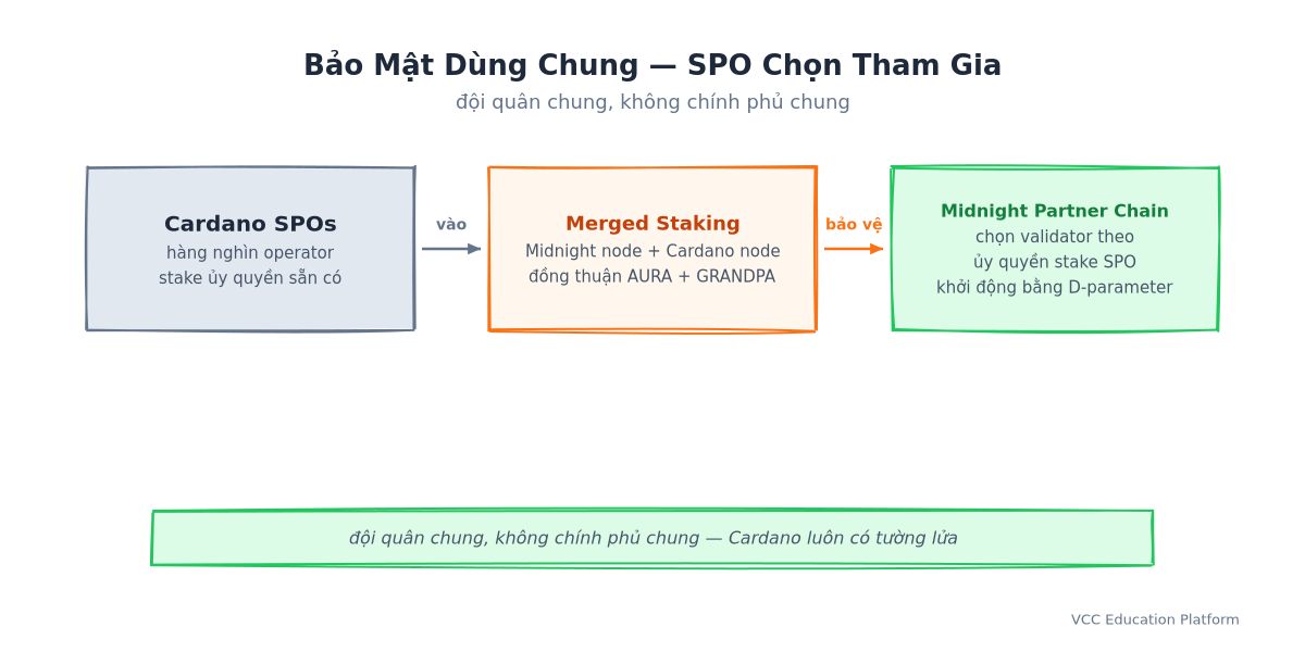 Luồng bảo mật dùng chung: stake pool operator của Cardano chọn tham gia merged staking, chạy node Midnight song song node Cardano với đồng thuận AURA và GRANDPA, nhờ đó validator được chọn từ stake ủy quyền SPO và khởi động D-parameter bảo mật partner chain Midnight trong khi Cardano luôn có tường lửa