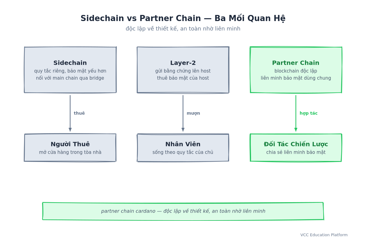 Khái niệm sidechain so với partner chain: sidechain là người thuê chạy cửa hàng riêng dưới bảo mật yếu hơn, layer-2 là nhân viên mượn bảo mật của host qua bằng chứng, còn partner chain là đối tác chiến lược — blockchain độc lập chia sẻ liên minh bảo mật với Cardano trong khi vẫn có tường lửa