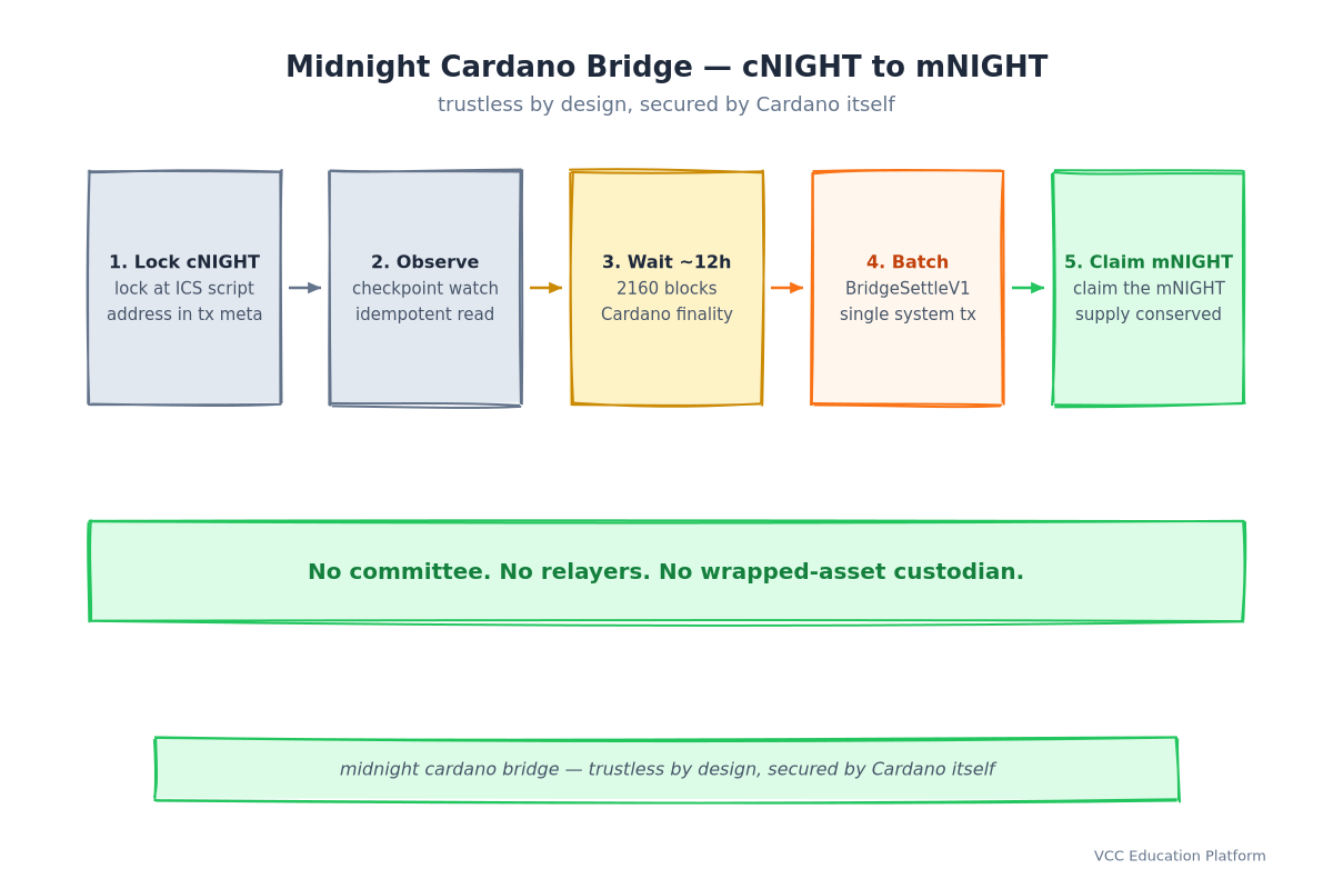 Midnight cardano bridge five-step flow: lock cNIGHT at the ICS validator on Cardano with the target address in metadata, observe via the checkpoint with idempotent tracking, wait about 12 hours for Cardano finality at 2160 blocks, batch into a single BridgeSettlementV1 transaction, and claim mNIGHT via private key with supply conserved