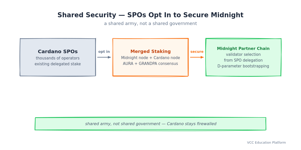 Shared security flow: Cardano stake pool operators opt in to merged staking, running a Midnight node alongside a Cardano node with AURA and GRANDPA consensus, so validator selection from SPO delegation and D-parameter bootstrapping secure the Midnight partner chain while Cardano stays firewalled
