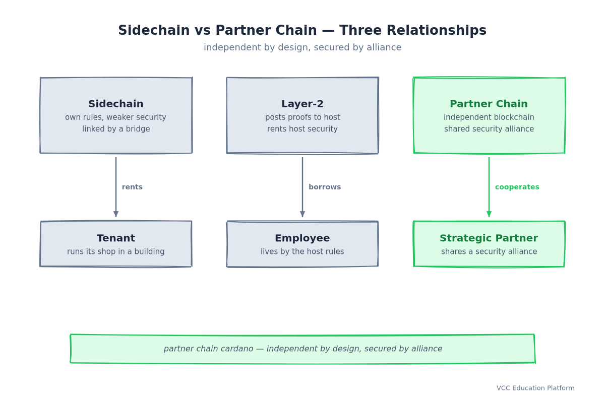 Sidechain vs partner chain concept: a sidechain is a tenant running its own shop under weaker security, a layer-2 is an employee borrowing host security through proofs, and a partner chain is a strategic partner — an independent blockchain sharing a security alliance with Cardano while staying firewalled