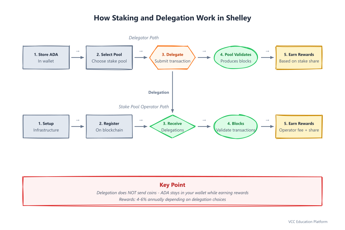 Flowchart showing how staking and delegation work in the Shelley era with stake pools and delegation