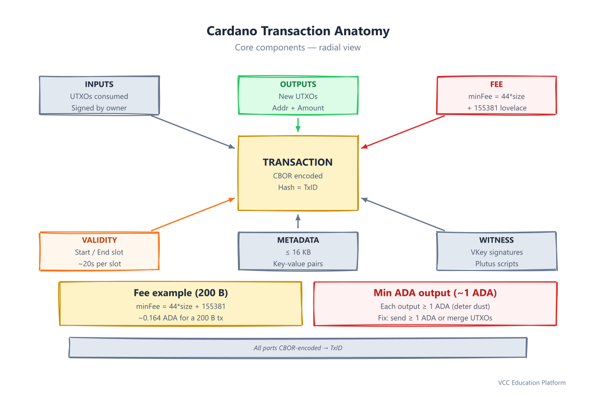Anatomy of a Cardano transaction: inputs, outputs, fee, validity interval, metadata, witness set, and auxiliary data