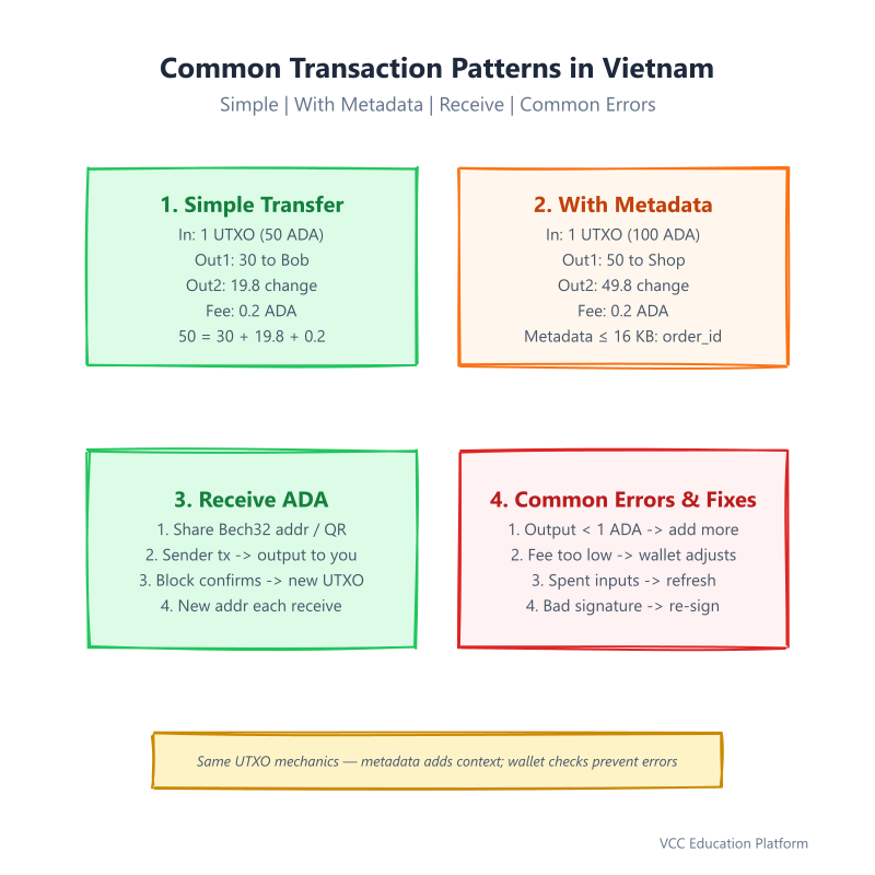Common Cardano transaction patterns: simple transfer with change, transfer with metadata, receiving ADA, and common error cases