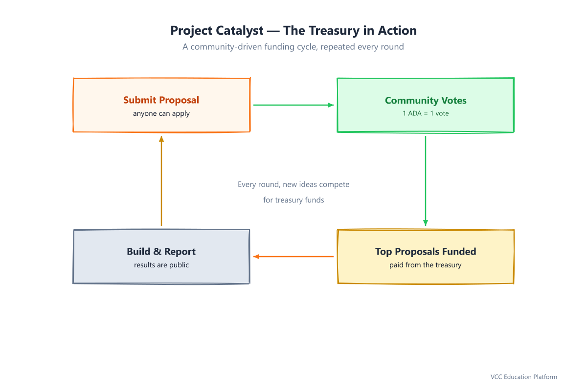 Project Catalyst cycle: submit proposal, community votes, top proposals funded from the treasury, build and report results, back to the next round