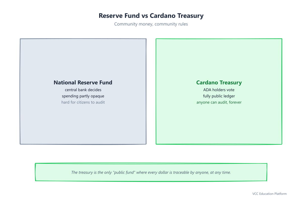 National reserve fund (central bank decides, opaque) vs Cardano treasury (community votes, public ledger, auditable by everyone)
