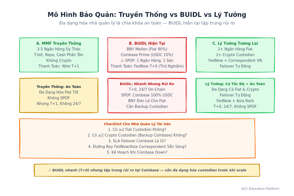 Diagram - Custody model comparison: Traditional MMF (multi-bank fiduciary) vs BUIDL (BNY Mellon fiat + Coinbase Prime crypto) vs Future Ideal (multi-custodian both rails)