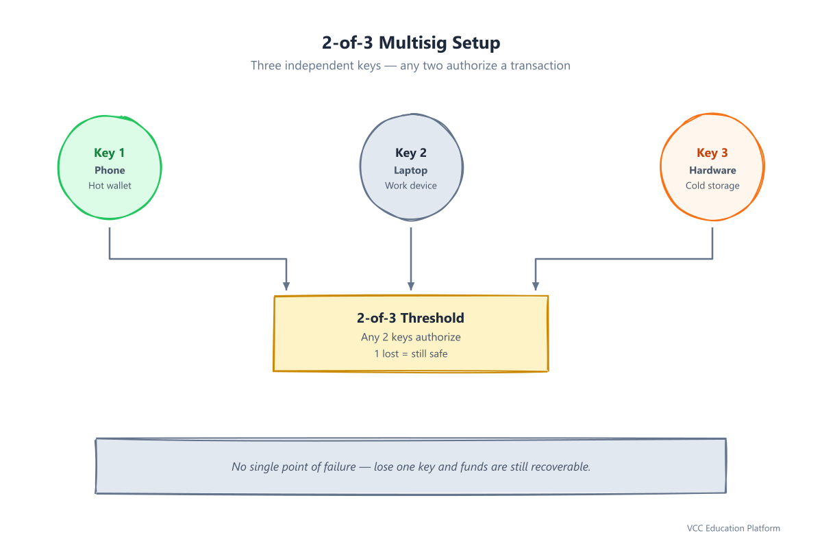 2-of-3 multisig setup showing Alice with 3 keys distributed across devices