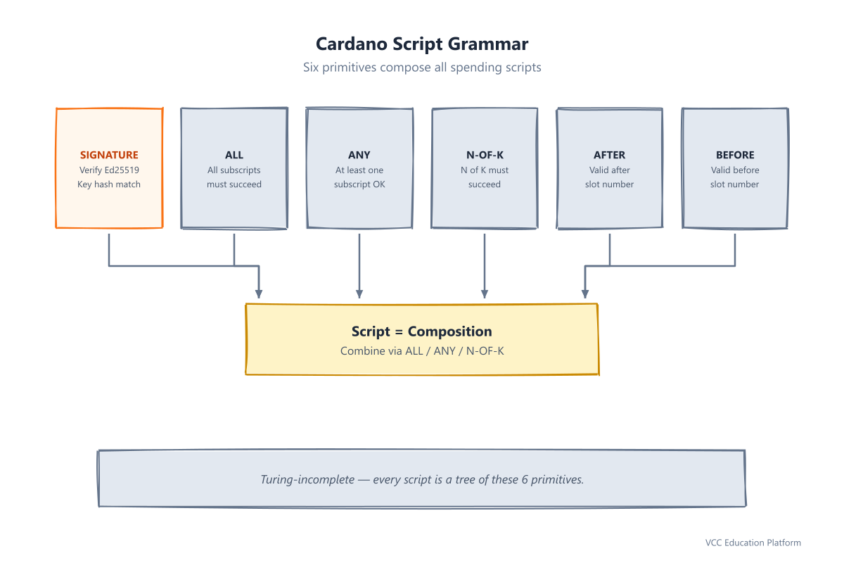 Cardano script grammar tree showing the six primitives