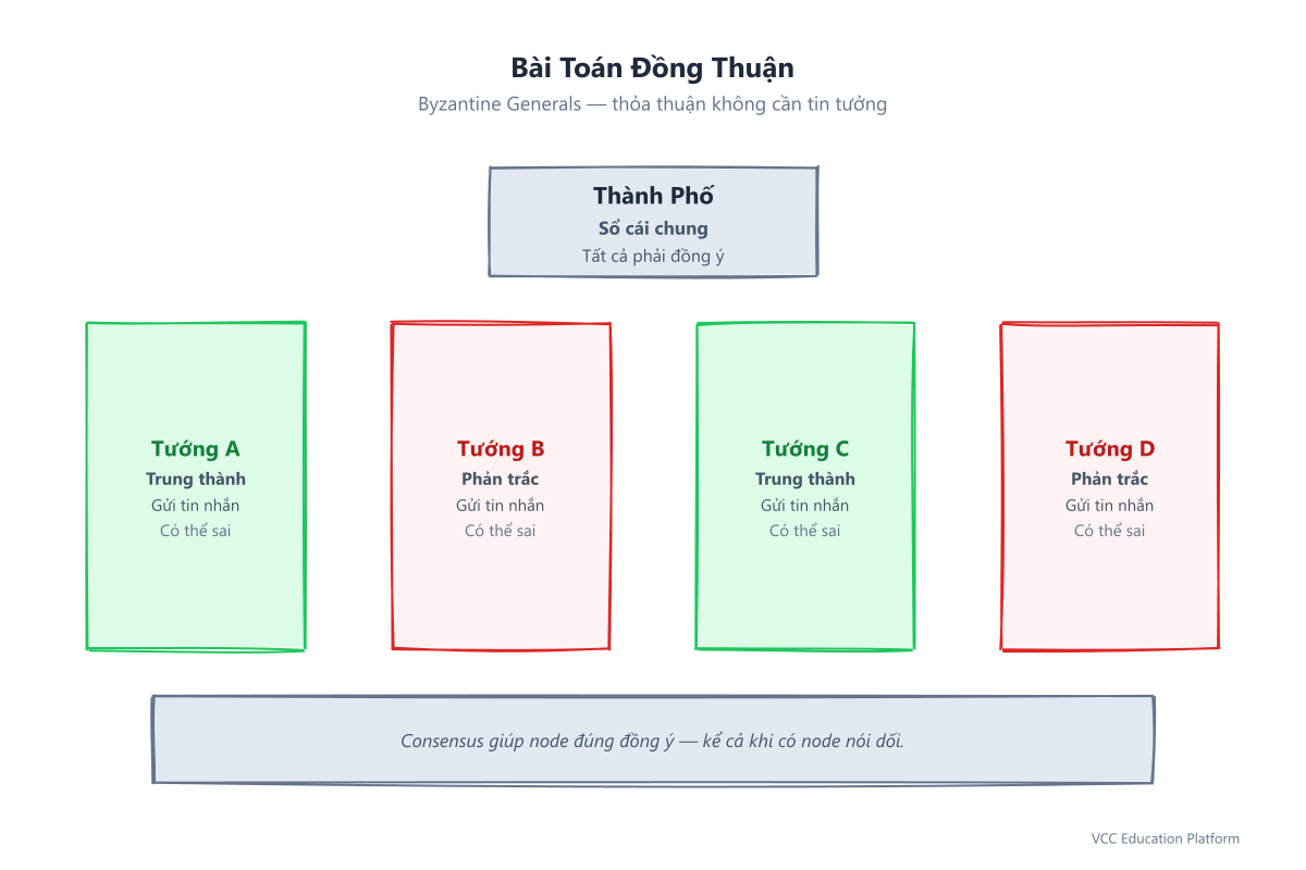 Bài toán Byzantine Generals: nhiều tướng bao quanh thành phố, some trung thành (node đúng), some phản trắc (node xấu)