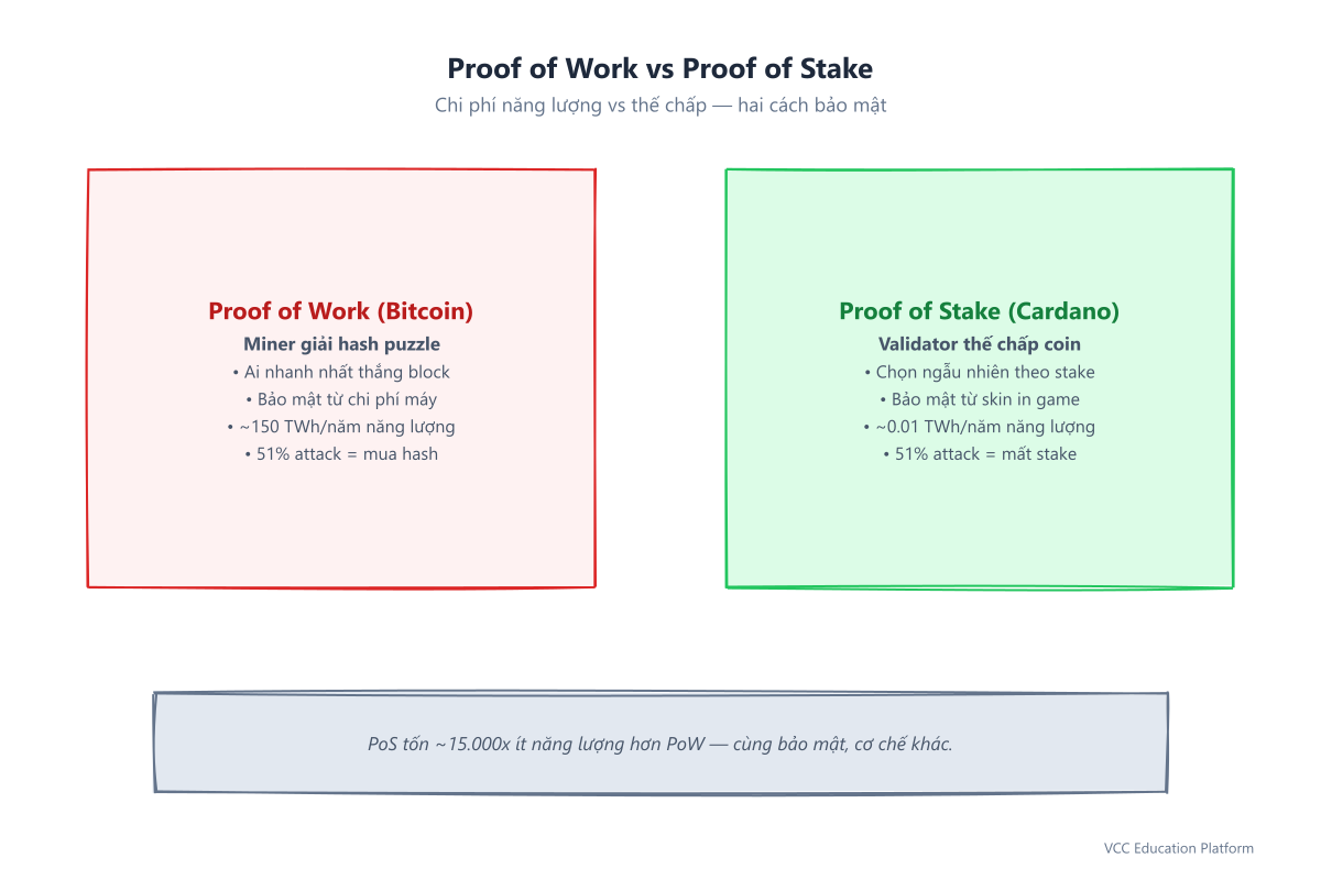 Proof of Work vs Proof of Stake: PoW miner giải hash puzzle đốt năng lượng; PoS validator thế chấp coin chọn ngẫu nhiên slashing