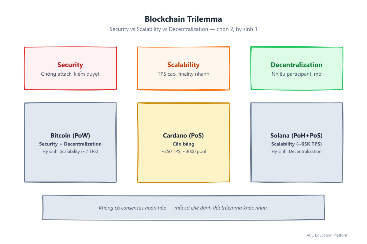 Blockchain trilemma: Security, Scalability, Decentralization — Bitcoin (security+decentralization), Cardano (cân bằng), Solana (scalability)