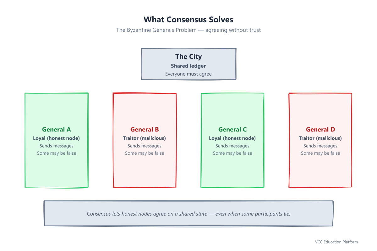 Byzantine Generals Problem: multiple generals surrounding a city, some loyal (honest nodes), some traitors (malicious nodes), messengers carrying messages