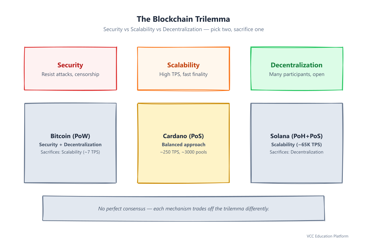 Blockchain trilemma triangle: Security, Scalability, Decentralization — Bitcoin (security+decentralization), Cardano (balanced), Solana (scalability)