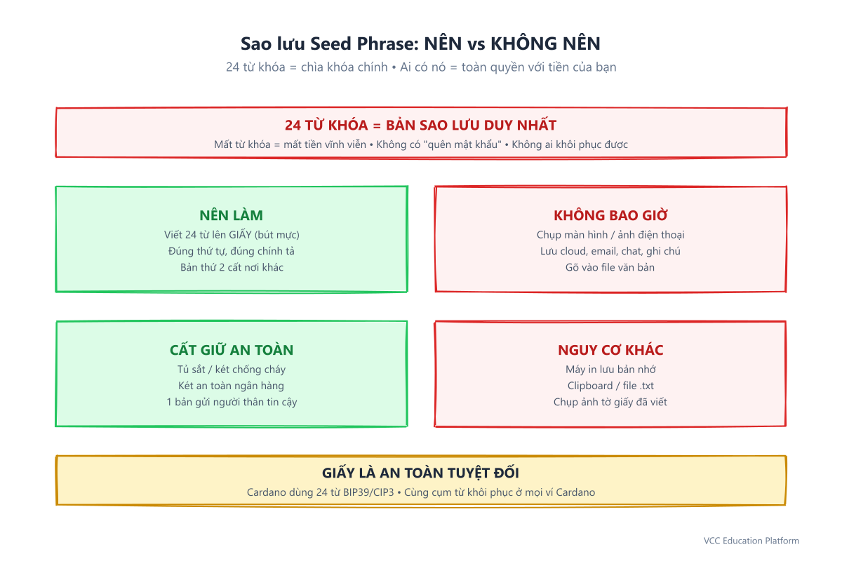 Sao lưu seed phrase: NÊN viết 24 từ ra giấy và cất bản sao thứ hai nơi khác; KHÔNG chụp màn hình, lưu đám mây hay gửi qua chat