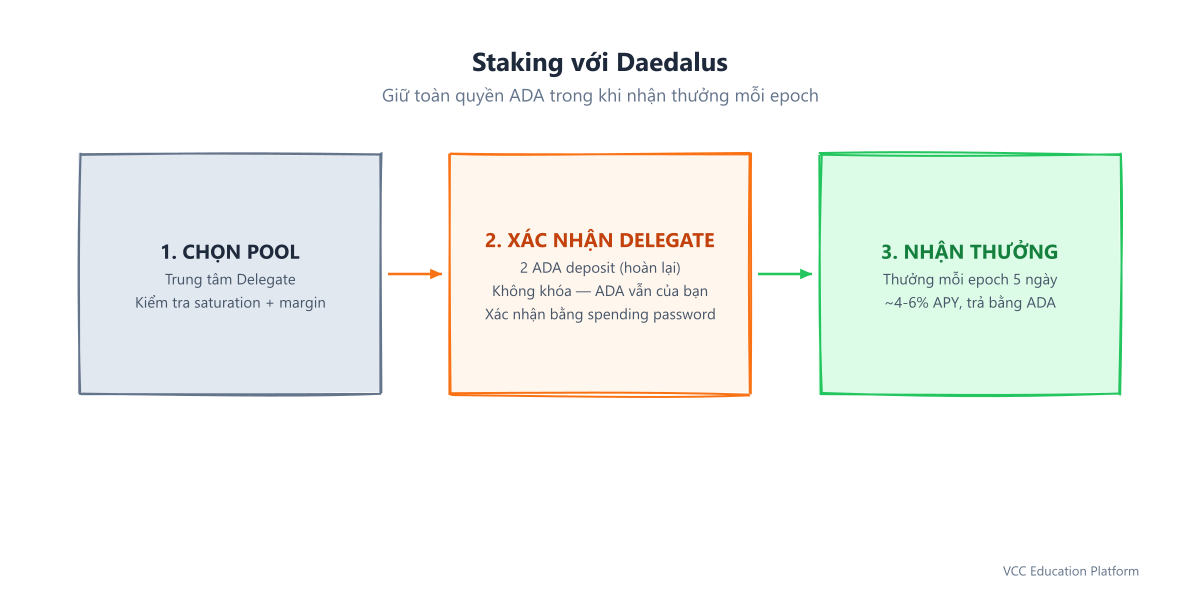 Delegate cho stake pool: mở Trung tâm Delegate, chọn pool, xác nhận bằng spending password và 2 ADA deposit, rồi nhận thưởng mỗi epoch 5 ngày