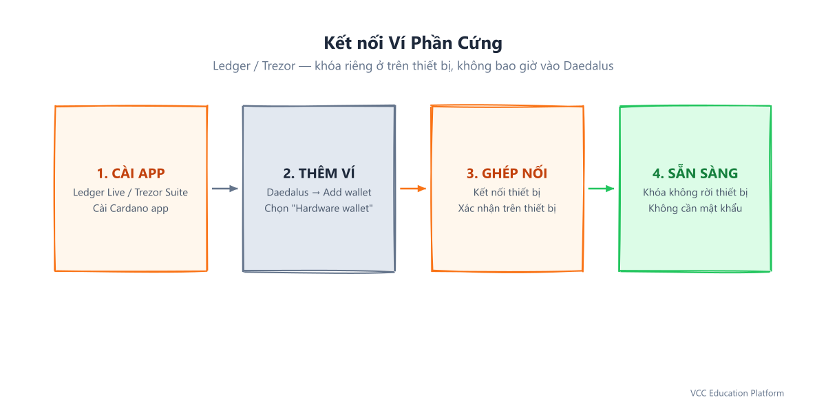 Ghép ví phần cứng với Daedalus: cài Cardano app trên thiết bị, chọn Add wallet rồi Pair, xác nhận trên thiết bị, và ví phần cứng sẵn sàng