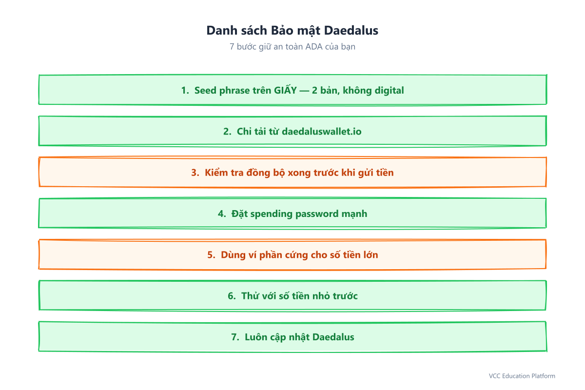 Checklist bảo mật Daedalus: seed phrase trên giấy, chỉ tải từ trang chính thức, kiểm tra đồng bộ lần đầu, spending password mạnh, ví phần cứng cho số tiền lớn, thử với số tiền nhỏ, luôn cập nhật phần mềm