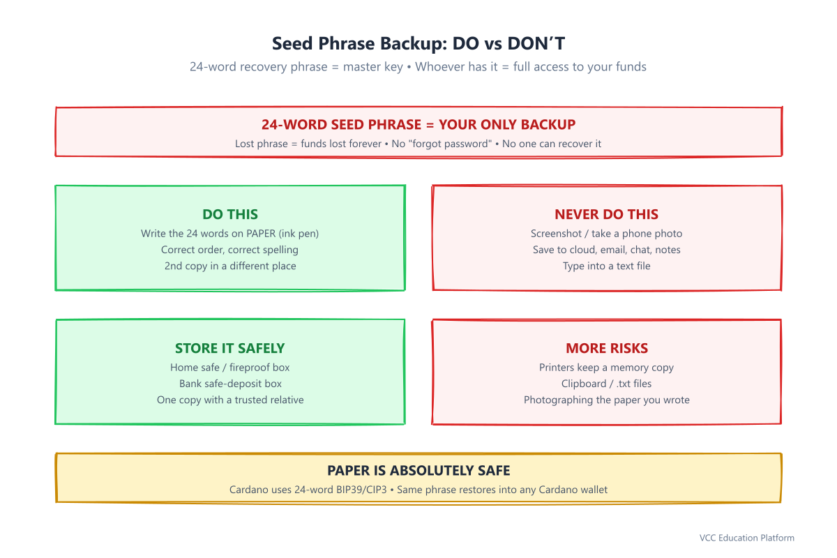 Seed phrase backup: DO write the 24 words on paper and store a second copy elsewhere; NEVER screenshot, store in the cloud, or send in a chat