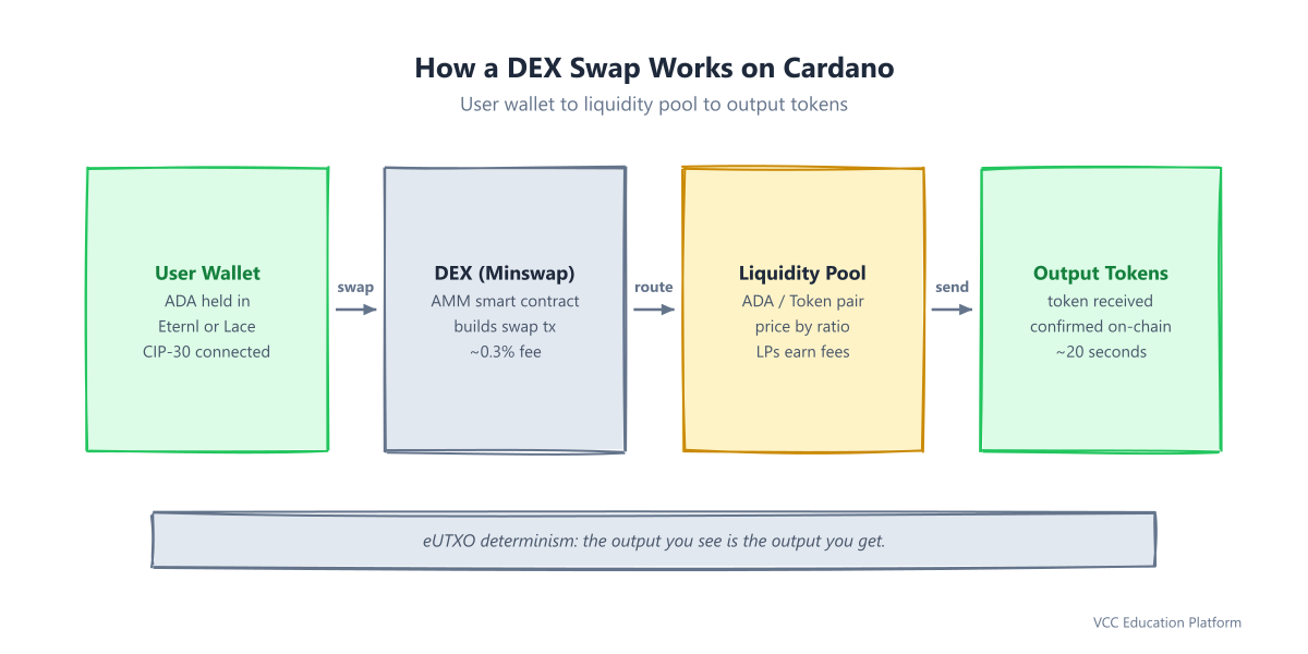 DEX swap flow: user wallet to DEX to liquidity pool to output tokens