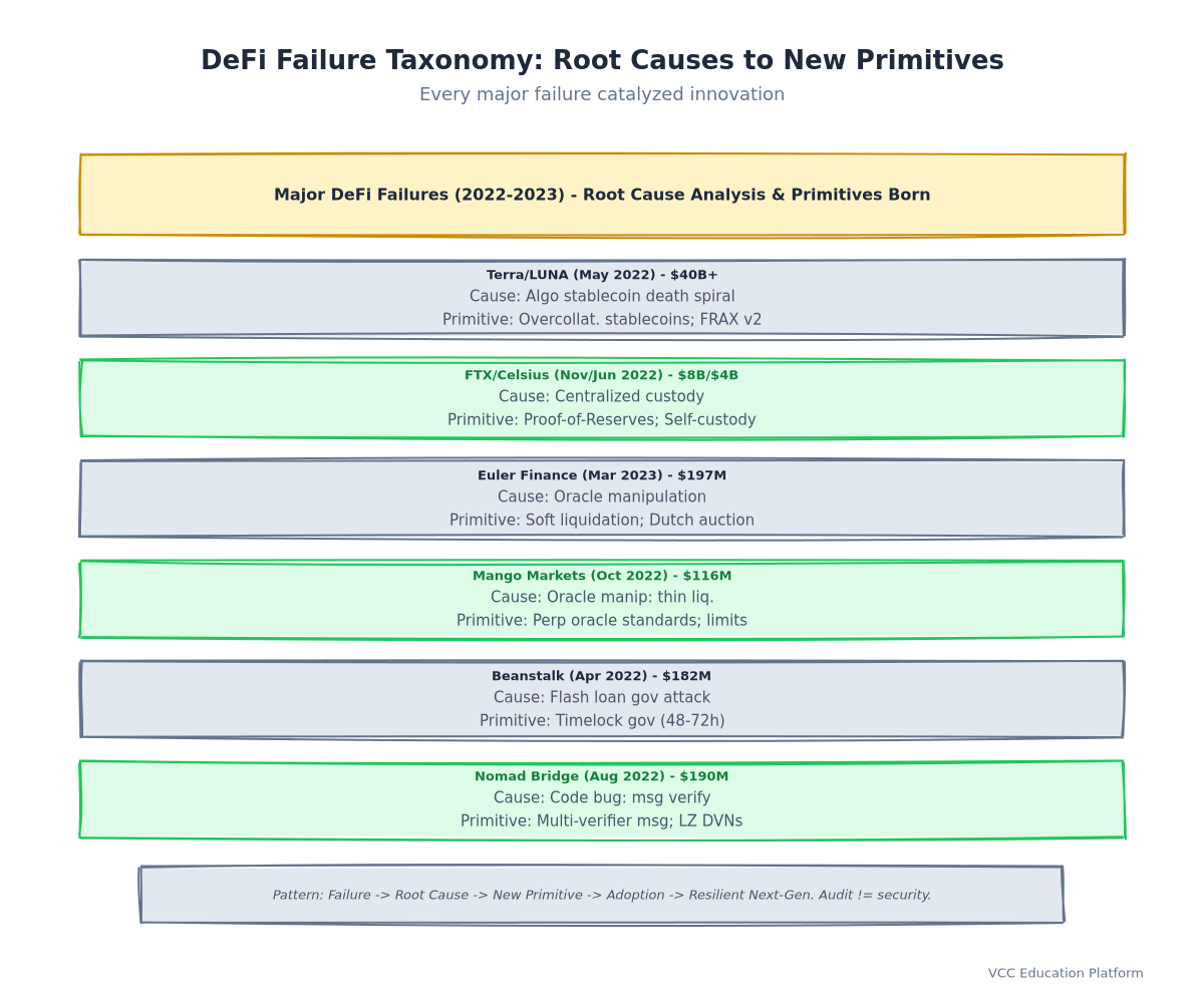 Table - DeFi failure taxonomy with root causes and resulting primitives