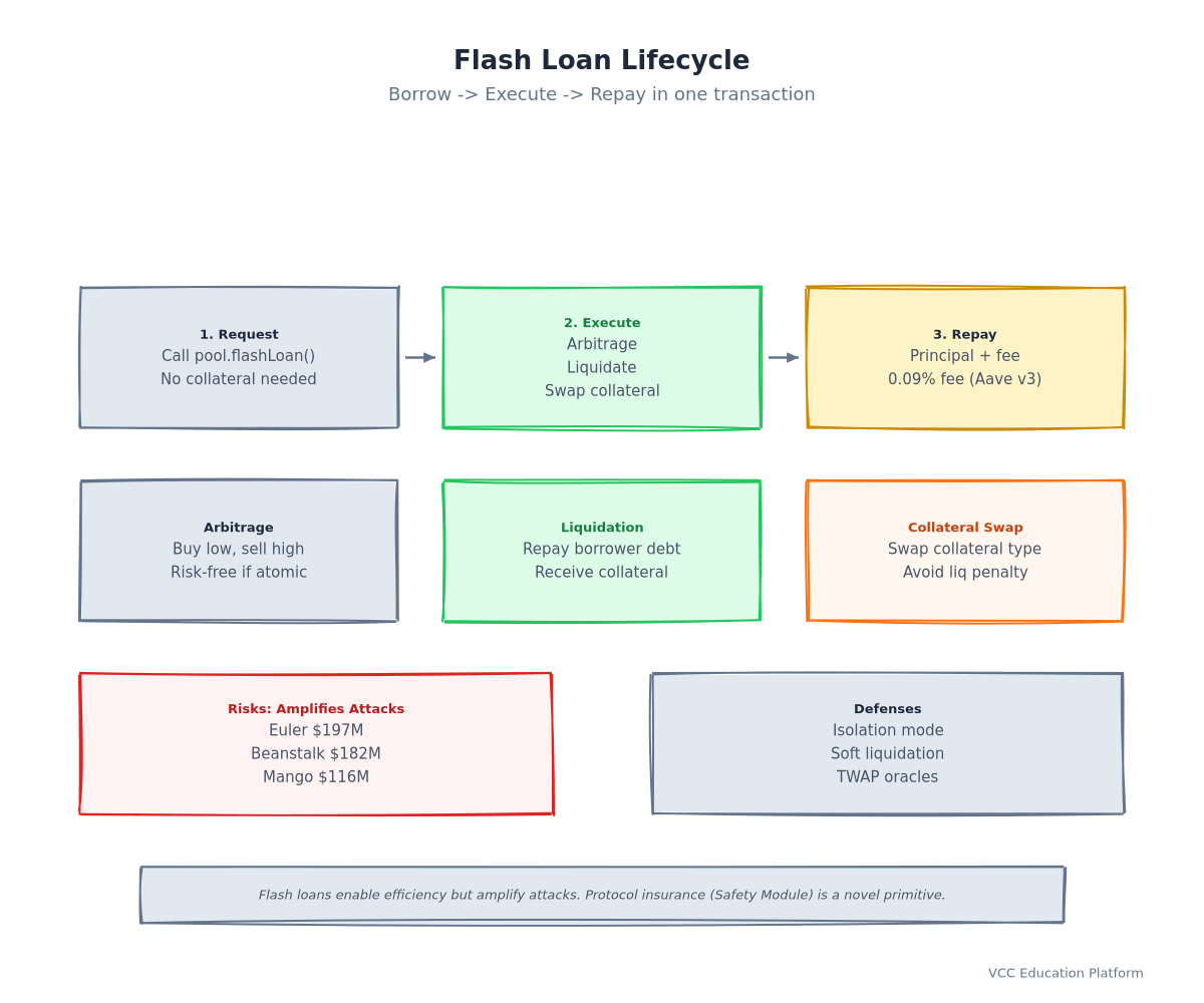 Flowchart - How a flash loan works: borrow → execute logic → repay + fee → done