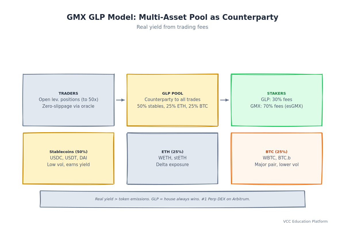 Diagram - GMX GLP model: Traders ↔ GLP Pool (multi-asset) → Fees distributed to stakers