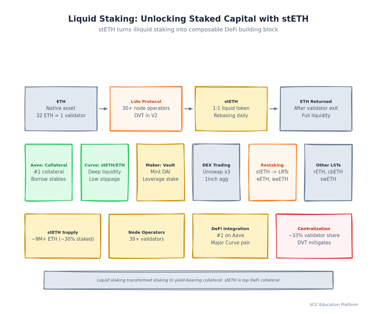 Diagram - Liquid staking flow: ETH → Lido → stETH → DeFi composability (Aave, Curve, etc.)