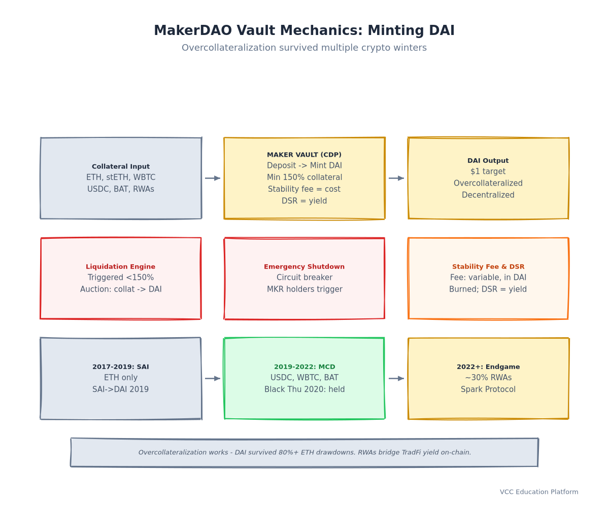 Diagram - MakerDAO vault flow: collateral → mint DAI → stability fee → liquidation protection