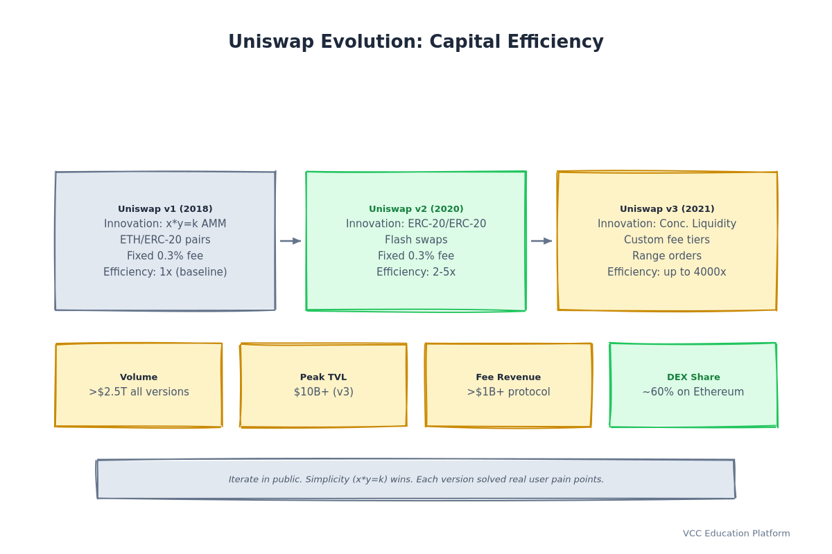Comparison - Uniswap v1 vs v2 vs v3 capital efficiency curves